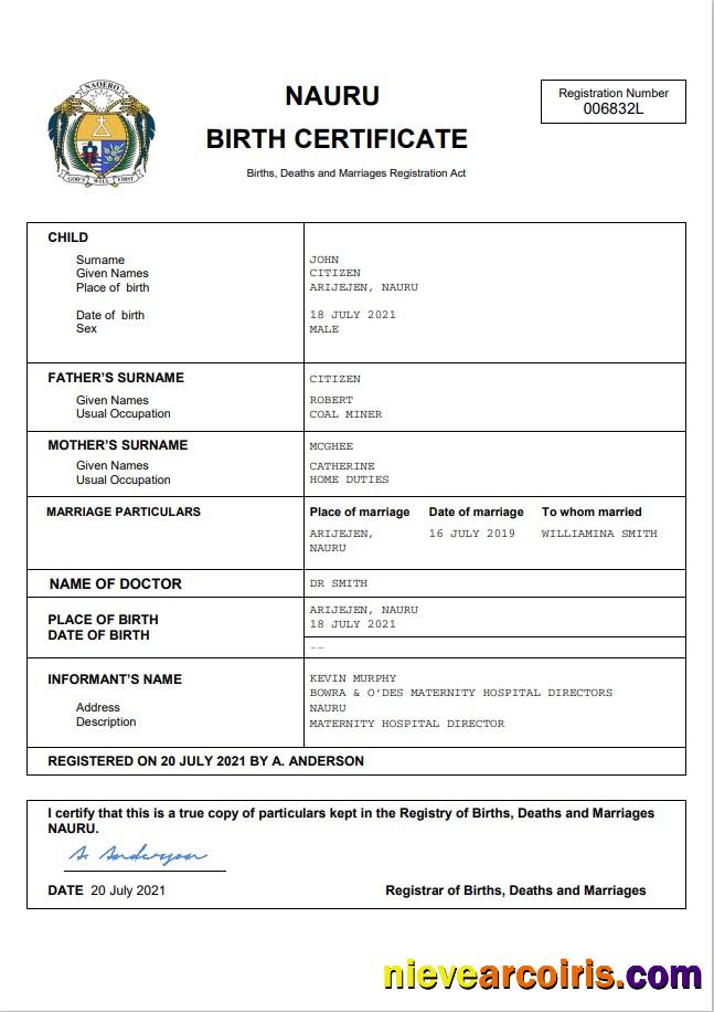 Nauru vital record birth certificate